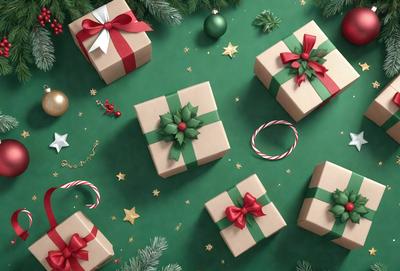 The primary subject of the image is a collection of wrapped presents, which are placed on a green background. The presents are decorated with ribbons and bows, adding a festive and celebratory touch to the scene. The visual style of the image is a combination of photo and digital art, creating a realistic yet artistic representation of the presents. The colors and mood of the image are predominantly green and festive, with the presence of the wrapped presents evoking a sense of joy and celebration.